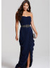 Navy Blue Chiffon Beads Sweetheart Neckline Bandeau Long Prom Dress 